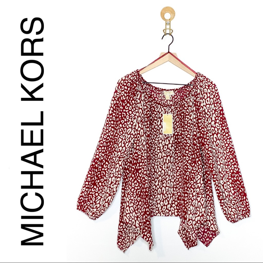 NWT Michael Kors Cheetah Handkerchief-Hem Top RED